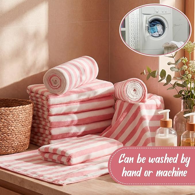 SmoothNovelty 16 Pack Microfiber Bath Towels Bulk 27'' x 60'' Oversized Size Bath Towel Highly Absorbent Extra Large Soft Drying for Beach Shower Summer Salon Sport Gym Party (Stripes,Pink)