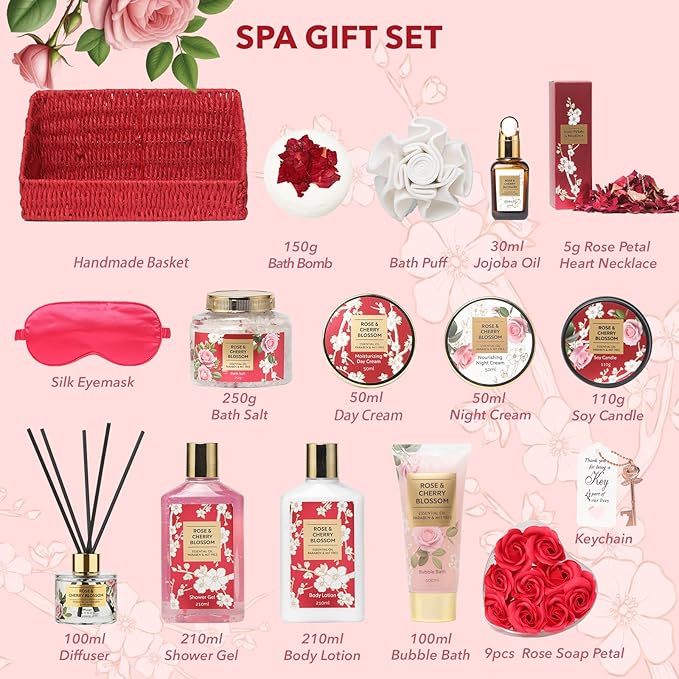25Pcs Mothers Day Gift Basket for Women, Gifts for Women - Luxurious Rose Bath and Body Spa Gift Basket for Women, Skin Care Set for Women | Spa Kit, Gifts Set for Birthday, Christmas, Valentines Day