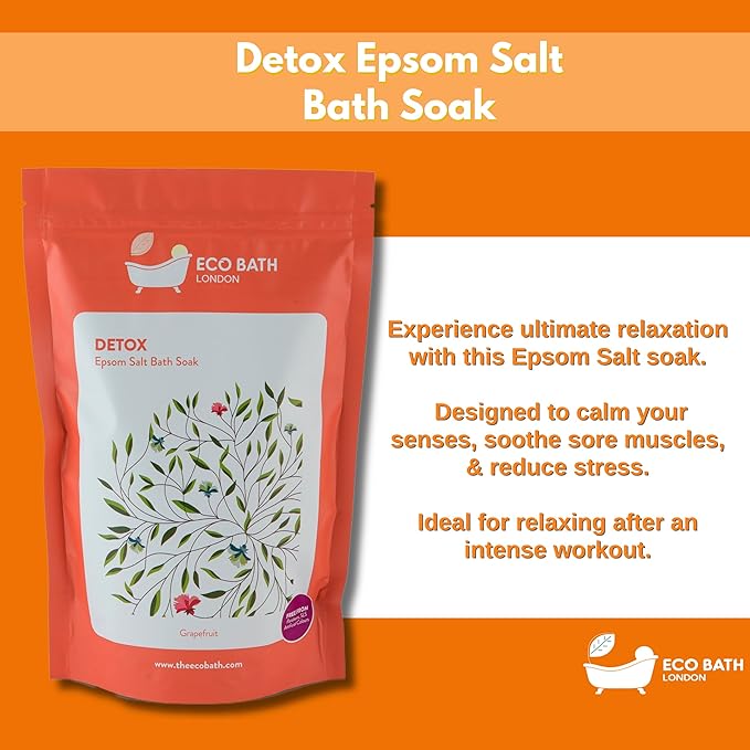 Eco Bath London Detox Epsom Salt Bath Soak – Pouch 2.2 LB (1kg) | Made in UK | Magnesium Bath Salt with Grapefruit Essential Oil | Epsom Salts for Detox and Skin Care