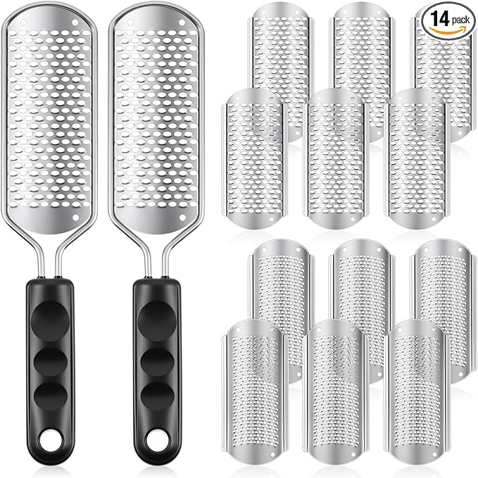 Moxweyeni 14 Pack Colossal Foot File Pedicure Tools Sets with 2 Styles Large and Small Hole Replacement Callus Remover Blades, Stainless Steel Detachable Pedicure Foot Rasp for Dead Skin Remover
