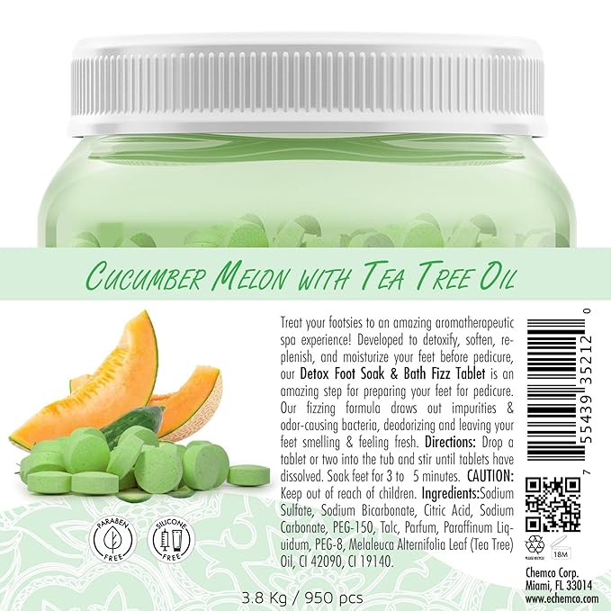 SPA REDI - Detox Foot Soak Fizz Tablets for Pedicure, Cucumber and Melon, 950 Count - Foot Bath with Tea Tree Oil, Aromatherapeutic, Draws Impurities, Softens, Replenishes and Moisturizes