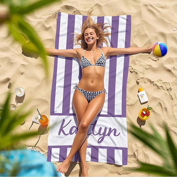 JML Personalized Beach Towel with Name, Custom Cabana Stripe Beach Towel, Customized Microfiber Pool Towel, Quick Dry & Absorbent Swim Towel for Adult,Anniversary, Birthday, Summer Holiday,Vacation