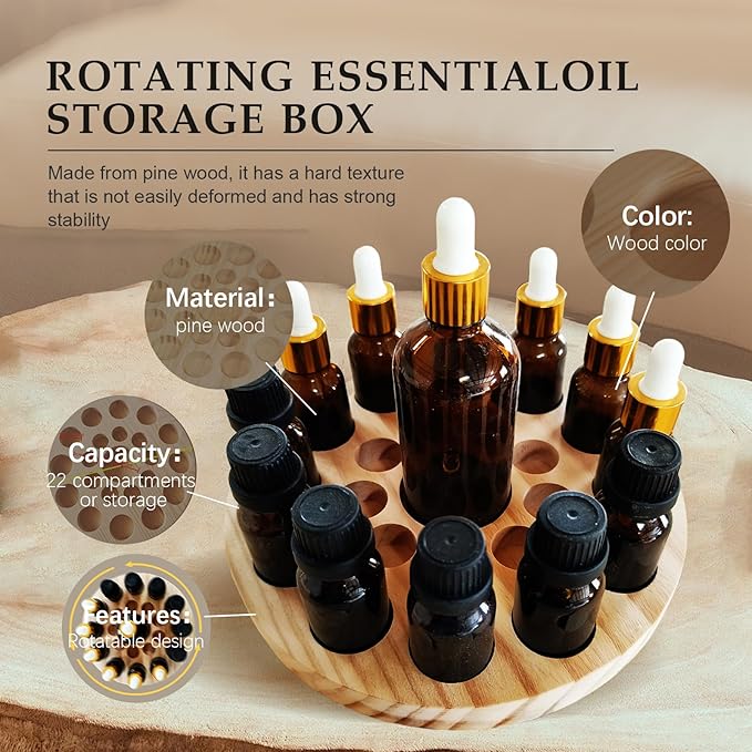 VolksRose Rotating Essential Oil Organizer - Wooden Bottle Storage with 22 Holes for 5ml/15ml/100ml, Pinewood Fragrance Stand for Roller Bottles, Perfume - Home Spa Nail Polish Display Stand