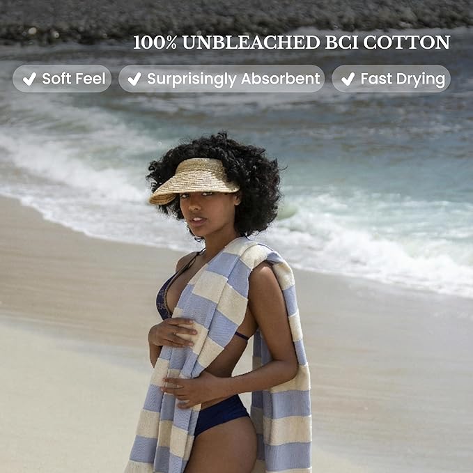 Lightweight Turkish Beach Towel - 100% BCI Cotton, Unbleached Raw Fringe, Oeko-TEX Certified, Absorbent, Eco-Friendly, 36x66”, Sky Blue & Natural Stripes, Portable Sarong Blanket for Pool, Travel