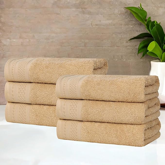 Superior Honeycomb Cotton Medium Weight Towels, for Guest Bath, Master Bathroom, Shower, Kitchen, Quick Dry, Adults, Home Essentials, Textured Waffle Border, Towel Set, Hand Towels, Set of 6, Gold