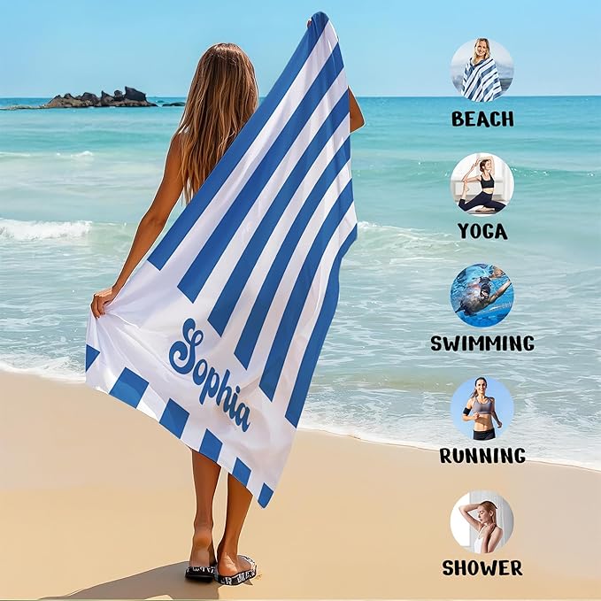 JML Personalized Beach Towel with Name, Custom Cabana Stripe Beach Towel, Customized Microfiber Pool Towel, Quick Dry & Absorbent Swim Towel for Adult,Mother's Day, Birthday, Summer Holiday,Vacation