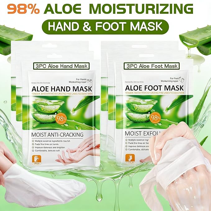 Aloe Vera Hand & Foot Mask Set (6 Packs: 3 Hand + 3 Foot) - Moisturizing Anti-Cracking for Dry Cracked Hands, Exfoliating Hydrating for Rough Feet, Spa-Grade for Women & Men