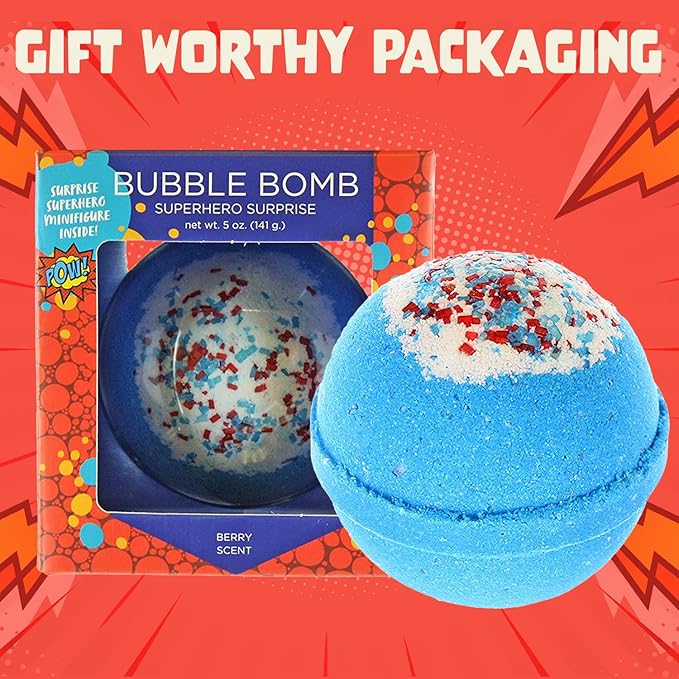 Superhero Bath Bombs for Kids & Boys with Surprise Hero Toys Inside (1 Pack) - Large Bubble Bath Bombs for Boys & Girls - Boys Easter Basket Stuffers & Gifts - Fruity Scent, USA Made by Two Sisters