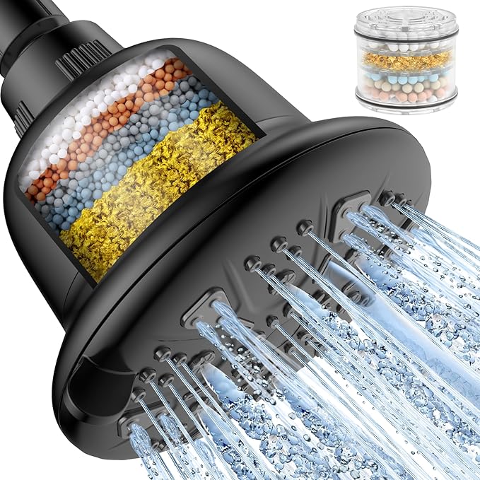 MakeFit Filtered Shower Head Matte Black- High Pressure Shower Head with filter for Hard Water - Rain Shower Head Water Softener - Luxury 7 Settings Adjustable Water Filter Showerhead (Matte Black)