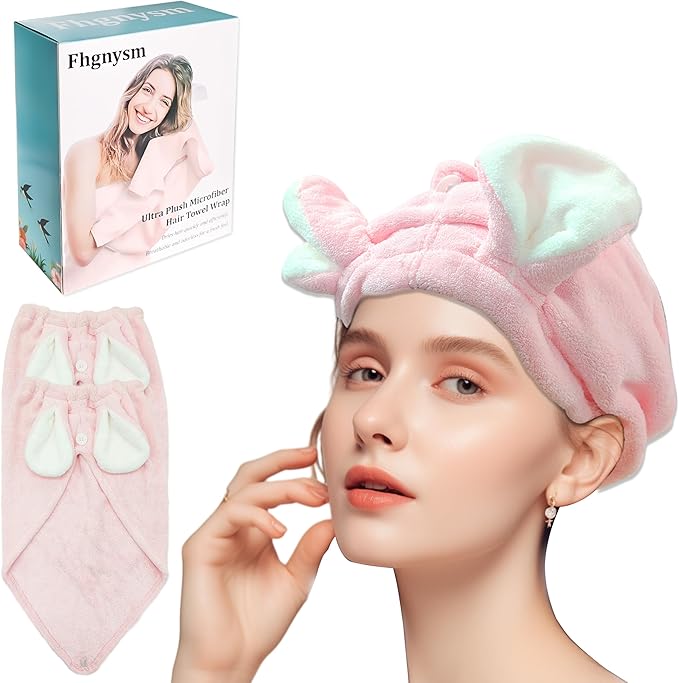fhgnysm 2 Packs Microfiber Hair Towel, Hair Turbans for Wet Hair, Drying Hair Wrap Towels for Curly Hair Woman Anti Frizz,Head Towel to Dry Hair Quickly(Pink)