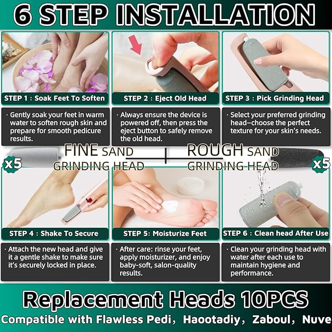 10 Pack Pedicures Replacement Heads for Flawless Replacement Heads，Electric Feet Callus Remover Roller Refills Compatible with Most Flawless Pedi Haootadiy Zaboul etc(5 Black Coarse and 5 Gray Fine)