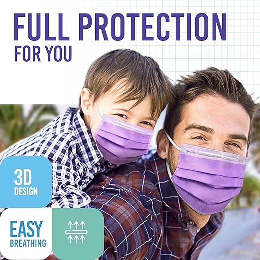 Medtecs Kids Face Mask Disposable - 2 Sizes Option (Child/Youth) 50 PCs - Comfy 3-Ply Breathable Children Masks, the Better & Safer Choice - Child | Lavender