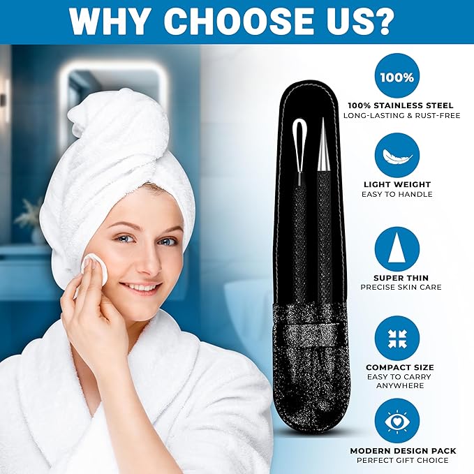 EFAH Care 2Pcs Stainless Steel Pimple Extractor Acne Treatment Tool Surgical Blemish Grade Blackhead Remover Perfect for face and Nose Easy to Clean (Black)