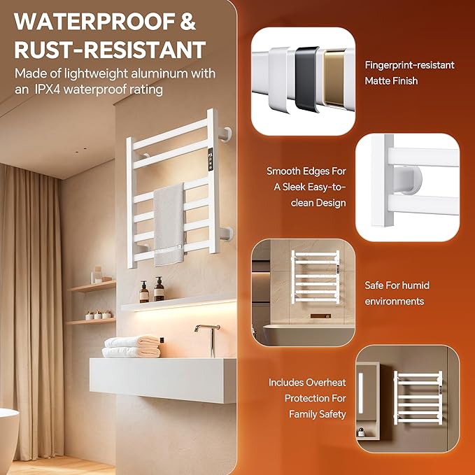 Electric Towel Warmer Wall Mounted, 6 Bar Heated Towel Rack with Intelligent Timer & Temp Control, Plug-in/Hardwire, Left and Right Compatible