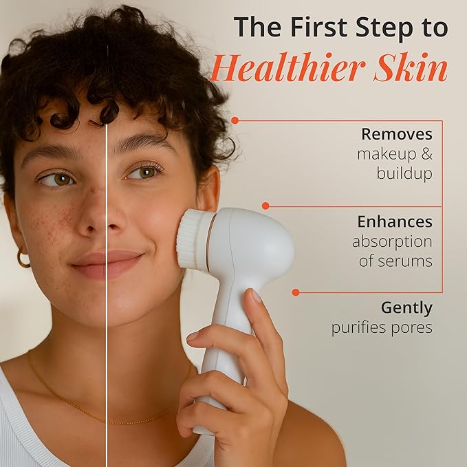 Raedia 2.0 Handheld Facial Cleansing Brush with 4 Interchangeable Brush Heads by Vanity Planet - Lightweight Daily Cleansing Brush for Glowing Skin - Water Resistant Face Exfoliator - Grey
