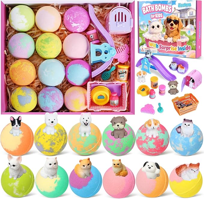 Kids Bath Bombs with Surprise Inside, Dog & Cat Toys Pretend Playset, Bubble BathBombs Fizzies 12 Pack Gift Set for Boys Grils, Birthdays Halloween Christmas Gift for Boys Girls