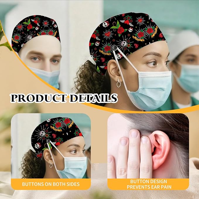 Adjustable Scrub Cap with Buttons & Sweatband, Working Hat with Elastic Tie Back, Unisex Nurse Surgical Caps for Women & Men