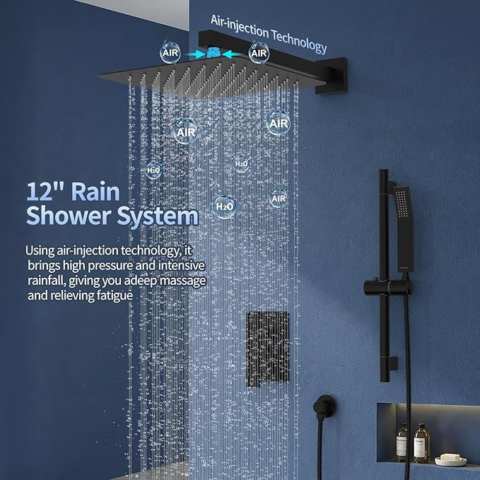 SR SUN RISE 12 Inch Slide Bar Shower Faucet Luxury High Pressure Shower Heads and Handheld Spray Combo Set Wall Mounted Shower System Included Valve and Trim Kit, Matte Black