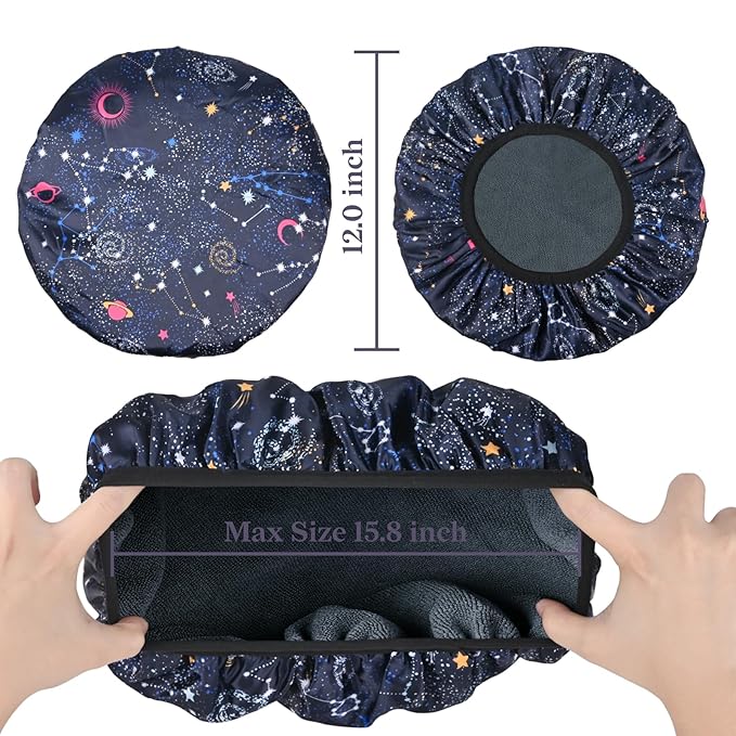 Navy Astral Print Satin Shower Cap, Three-Layer Terry Cloth Lined, with Silk Hair Ties, Microfiber Waterproof Reusable Large Size Shower Cap for Women Long Thick Hair