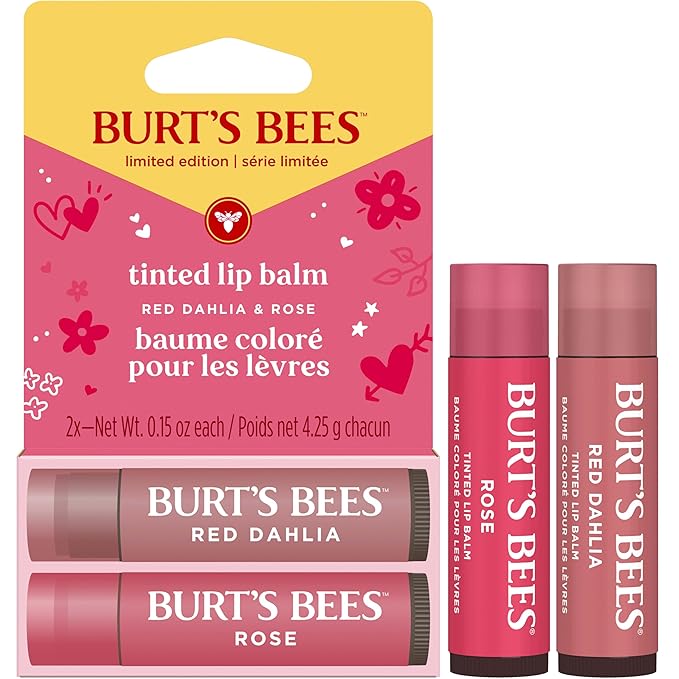Burt's Bees Lip Tint Balm, Mothers Day Gifts with Long Lasting 2 in 1 Duo Tinted Balm Formula, Color Infused with Hydrating Shea Butter, Red Dahlia + Rose (2-Pack)