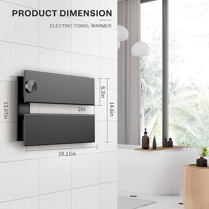 K&KALONZO Electric Towel Warmer, 18.35" W x 14.6" H Wall-Mounted Towel Heater with Built-in Timer, Waterproof Aluminum Towel Warmer for Bathroom, Support Plug-in and Hardwired, Black, K2-L-B