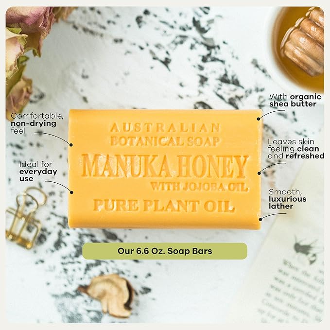 Australian Botanical Goats Milk Soap and Manuka Honey 6.6 OZ, Triple Milled Bars made with a Natural Soap Base and Enriched with Organic Shea Butter, Pack of 8