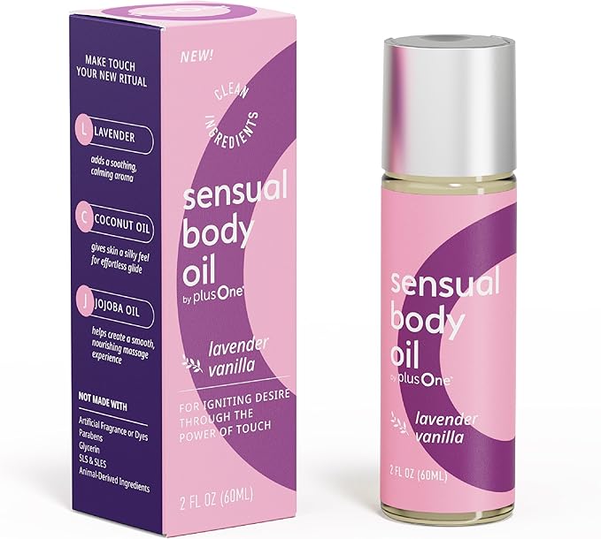 plusOne Sensual Body Oil – Lavender Vanilla Massage & Intimate Oil – Plant-Based Blend with Coconut, Jojoba & Sweet Almond Oil – Vegan & Cruelty-Free – 2 fl oz