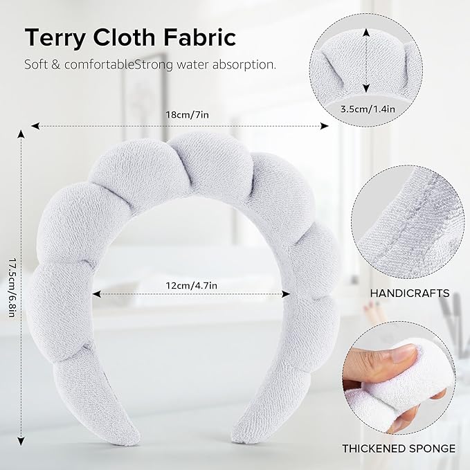 Ztomine Spa Headbands, Set of 2 - Terry Cloth Headband for Washing Face or Facial, Puffy Makeup Headbands for Face Washing, Mask, Skin Treatment - 1 White & 1 Black