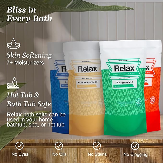 Relax Spa & Bath Aromatherapy Bath Salts Variety Pack for Hot Tub, Bath, or Spa, Infused with Magnesium, Bath Salt for Soaking, Four 4oz Sample Bags