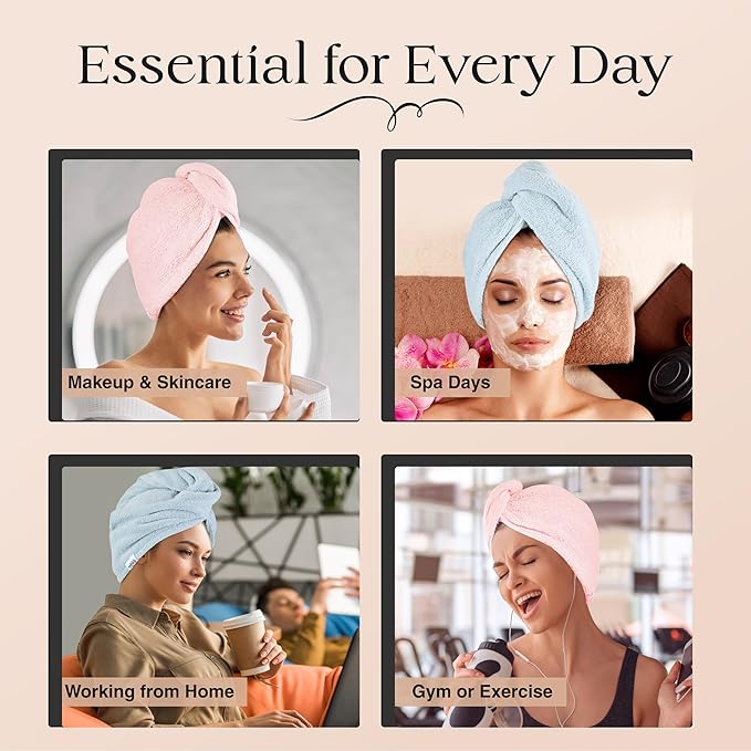 Cotton Hair Towel Wrap for Women/Kids | Quick Dry, Soft & Absorbent 420-GSM Hair Wrap Towels with Double Button | Anti Frizz, Non Microfiber Hair Turbans for Curly, Long & Thick Hair (Blue+Pink+Aqua)