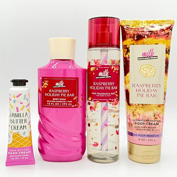 Bath & Body Works Milk Raspberry Holiday Pie Bar 4-Piece Gift Set | Includes: Body Wash, Fine Fragrance Mist, Ultimate Hydration Body Cream and Vanilla Butter Cream Hand Cream