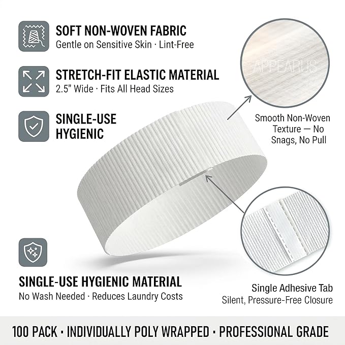 APPEARUS Disposable Stretch Facial Headbands, 100 Count, Snag-Free Adhesive Tab Closure, for Spa, Estheticians, Waxing and Lash Extensions, White