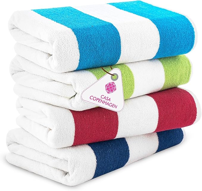 CASA COPENHAGEN Cabana Towel 4Pcs Multicolour Designer Stripe Beach Towels Gift Set, 30"x60" Oversized 100% Cotton Pool Bath Towel for Beach Gift Set (Perfect Summer Gift Set for Women & Men)