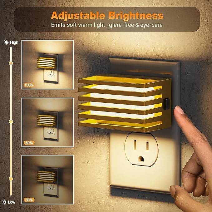 JandCase LED Night Light, Gold Night Lights Plug into Wall with Dusk to Dawn Sensor, Dimmable Plug in Night Light [2 Pack], Adjustable Brightness, 3000K Soft White Nightlight for Bedroom Bathroom