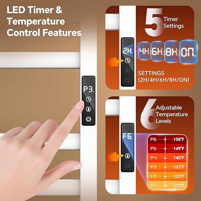 Electric Towel Warmer Wall Mounted, 6 Bar Heated Towel Rack with Intelligent Timer & Temp Control, Plug-in/Hardwire, Left and Right Compatible