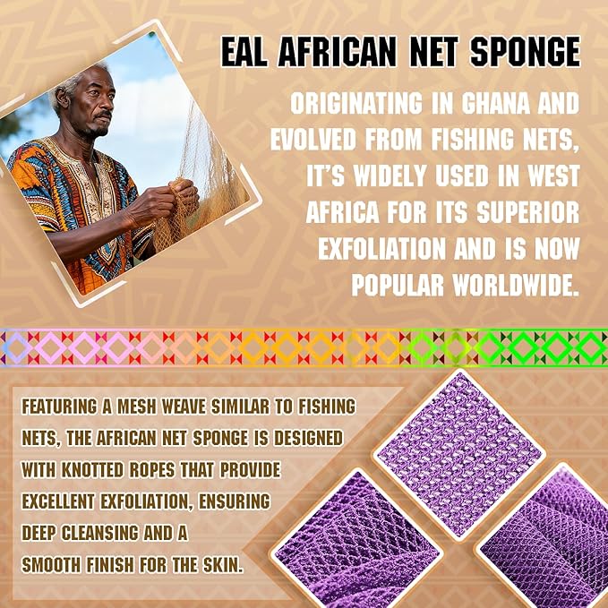 Authentic African Net Sponge - 2 Pieces Deep Clean Exfoliating Sponge - Soft Weave for Gentle Exfoliation, All-Skin-Type Shower Accessory (Purple Orange)
