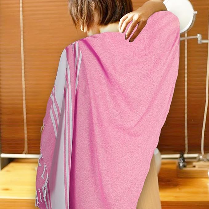 Goroly Home Cotton Turkish Peshtemal Beach Towel, Extra Large, Thin Quick Dry Sand Free Pool & Swim Towel, Bathing Blanket, Travel Essentials, (Pink, 36x71 Inches)