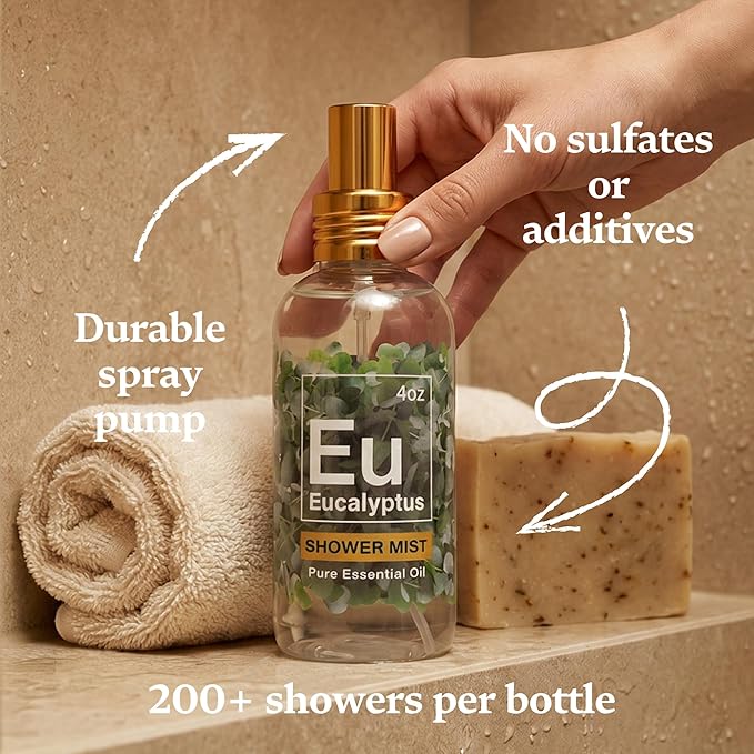 Eucalyptus Shower Spray - Spa-Grade Aromatherapy Shower Mist, 100% Pure Eucalyptus Spray - Essential Oil Steamer, Made in USA (4 oz)