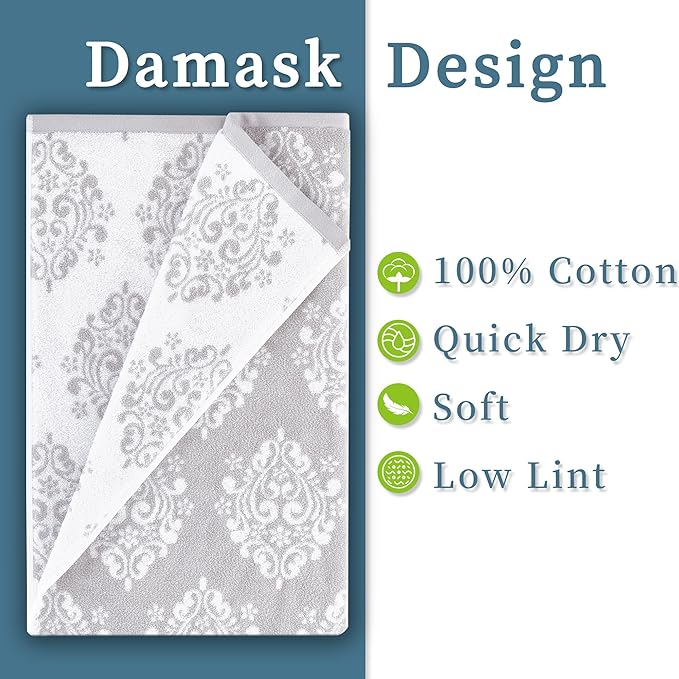 Grey Pattern Bath Towels, 4PC 28"x 52" - 100% Cotton | Lightweight | Absorbent, Quick Dry Bath Towel, Grey Decorative Bath Towels for Bathroom, Damask Jacquard Shower Towel Gift Set, Gray and White