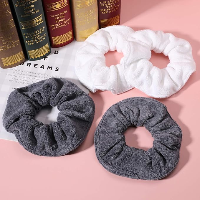 IVARYSS Super Towel Scrunchies for Drying Hair, Absorbent and Soft Microfiber for Frizz Free, Large Thick Ponytail Holder Wet Hair Accessories for Women and Girls, 4 PCS (White Grey)