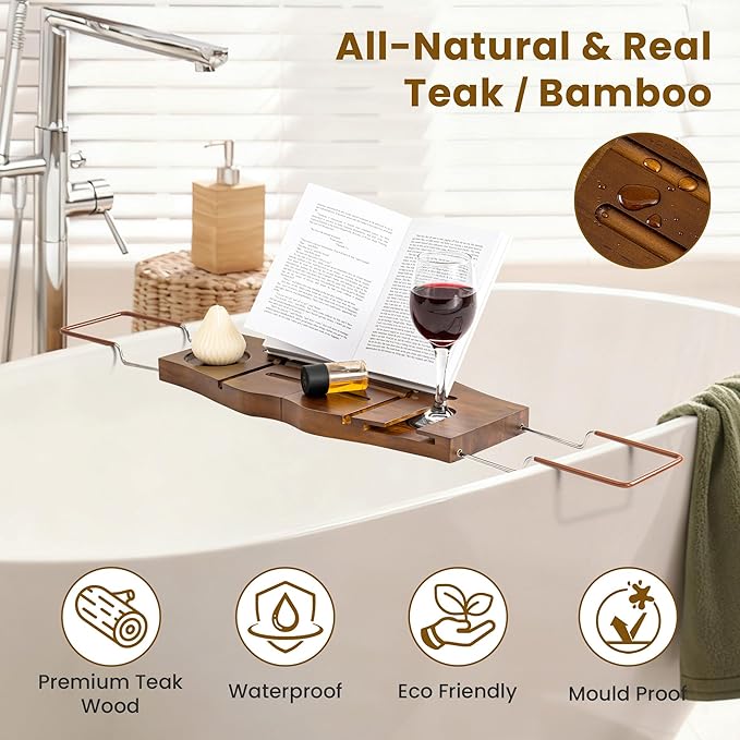Teak Bathtub Tray Expandable Bathroom Tray for Home Spa Relaxation, Wooden Tray Caddy for Bathtub, Teak Bathtub Caddy as Unique Housewarming, Birthday, Wedding Shower Gifts. Light Walnut