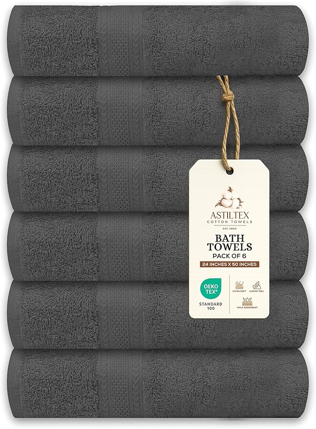 Large Bath Towels Pack of 6 – 24" x 50", 100% Cotton Terry – Soft, Quick-Dry & Highly Absorbent – Charcoal Grey Towels for Bathroom, Spa, Shower, Pool & Daily Use