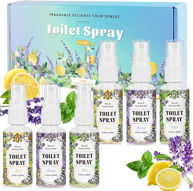 STRN Toilet Spray, 6-Pack Lemon, Mint & Lavender Natural Scent, Portable Instant Odor Deodorizer for Home, Bedroom, Travel Size