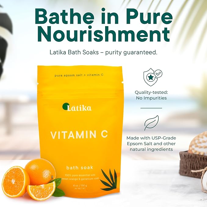 Latika Soaks Set of 3 - Vitamin C Bath Soaks with Sweet Orange and Geranium Rose - Moisturizing Epsom Salt Soaks for Stress Relief, Detox, and Antioxidant Skincare - At Home Spa Retreat