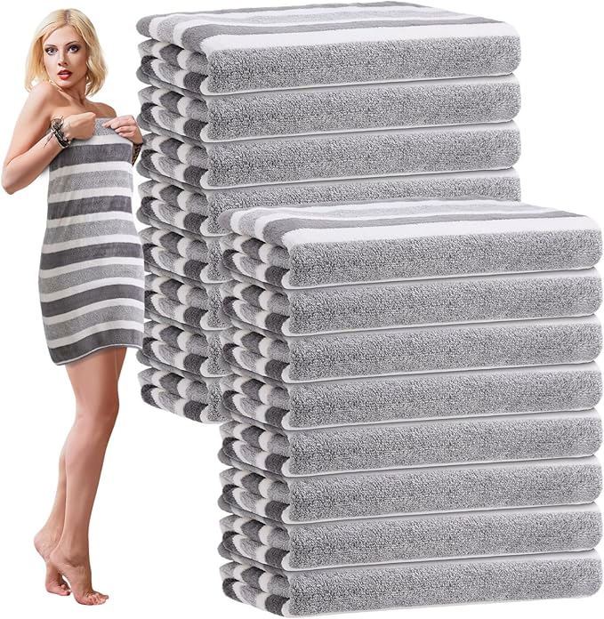 SmoothNovelty 16 Pack Microfiber Bath Towels Bulk 27'' x 60'' Oversized Size Bath Towel Highly Absorbent Extra Large Soft Drying for Beach Shower Summer Salon Sport Gym Party (Stripes,Grey)