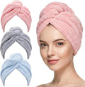 3 Pack Large Microfiber Hair Towel Wrap for Women 30 x 10 in | Hair Drying Towel with Button | Hair Turban Towel Quick Dry Waffle Coral Fleece Head Towels (Pink + Blue + Grey)