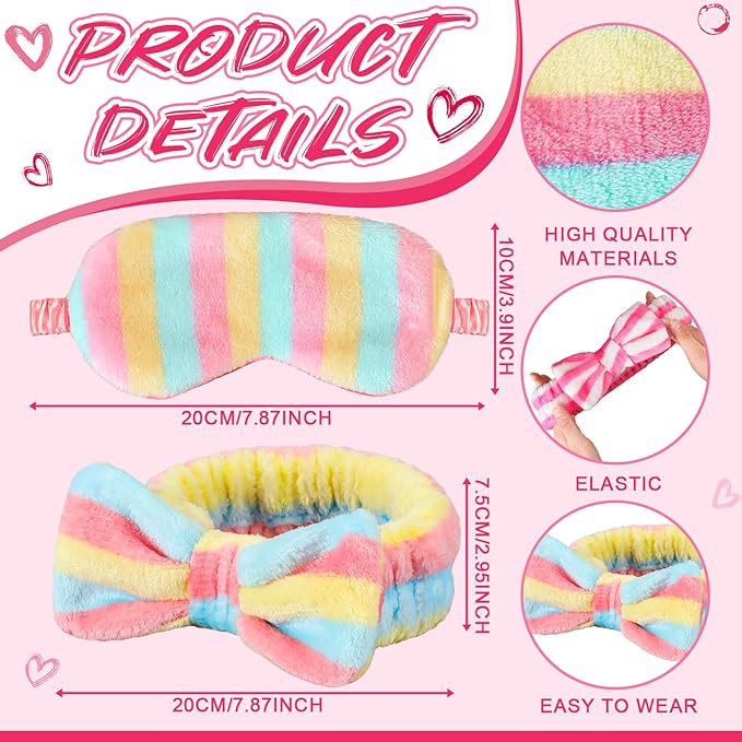 Xuhal 24 Pcs Spa Sleepover Party Favors Supplies Plush Headband and Eye Mask for Women Soft Makeup Washing Face Sleep Hair Bands for Girl Gift Birthday Stuff(Spotted, Stripes and Solid)