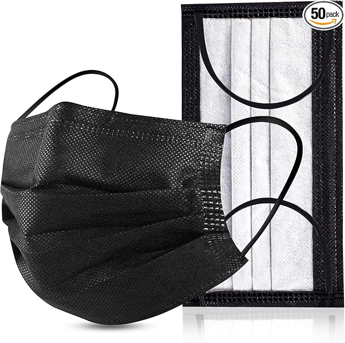 Black Disposable Face Masks 4 Layers Protection 50Pcs, Breathable Dust Mask Mouth Covers for Adult