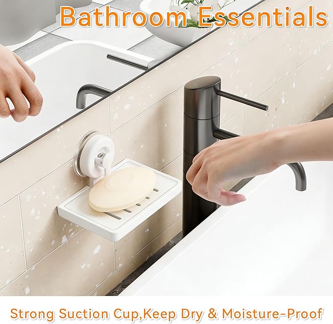 SUOXING 2 Pack Bar of Soap Holder for Shower with Suction Cup,Rustproof Wall Mounted Acrylic Shower Soap Rack & Caddy for Bathroom,Bath,Kitchen,Plastic Self Draining Soap Holder and Soap Shelf,White