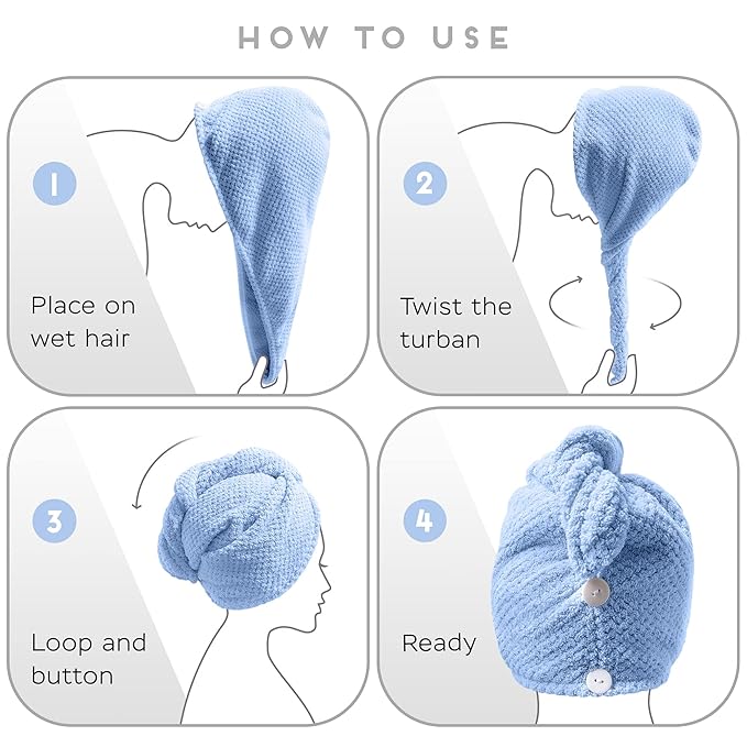 SimpleField 2 Pack Microfiber Hair Towel Wrap for Women, Anti Frizz Quick Drying Hair Turban for All Hair Style, Absorbent and Lightweight (Blue)